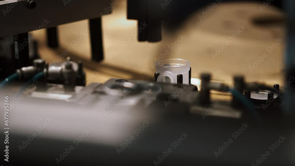 Close-up automatic industrial equipment producing plastic stub. Machines sorting components for plumbers. Industrial line. Robotics and automation. Plastic stub products processing factory. 50 fps Close-up automatic industrial equipment producing plastic stub. Machines sorting components for plumbers. Industrial line. Robotics and automation. Plastic stub products processing factory. 50 fps