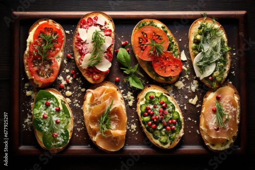 Assortment of gourmet bruschetta on a wooden tray, vibrant and colorful