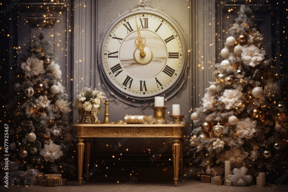 Elegant Christmas setting with large clock, decorated trees, and gold accents