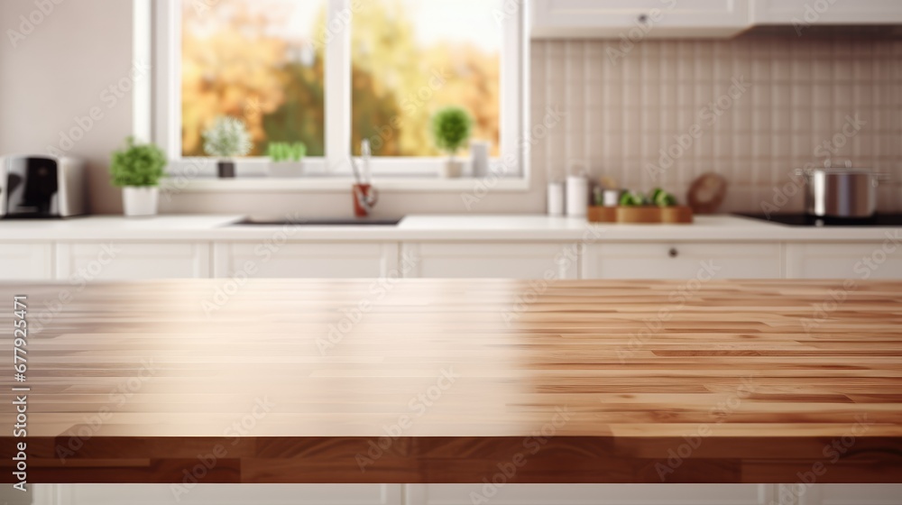Wooden table or countertop in a modern kitchen, with a focused foreground and a blurred background, ideal for product placement or renderings, accentuating the setting's ambiance. Wooden table or countertop in a modern kitchen, with a focused foreground and a blurred background, ideal for product placement or renderings, accentuating the setting's ambiance.