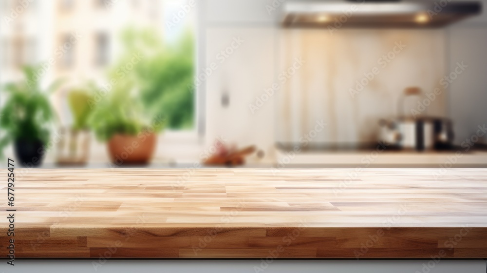 Wooden table or countertop in a modern kitchen, with a focused foreground and a blurred background, ideal for product placement or renderings, accentuating the setting's ambiance. Wooden table or countertop in a modern kitchen, with a focused foreground and a blurred background, ideal for product placement or renderings, accentuating the setting's ambiance.