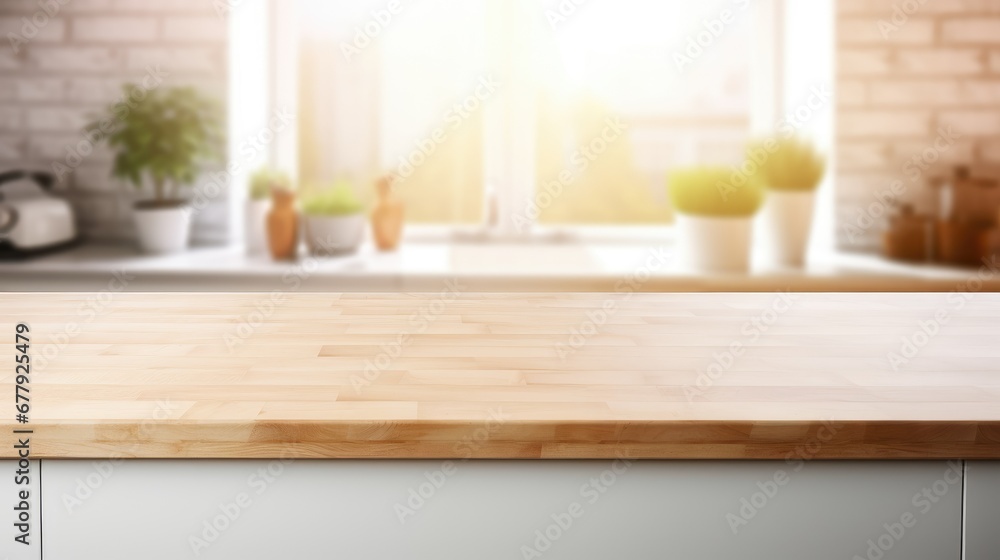Wooden table or countertop in a modern kitchen, with a focused foreground and a blurred background, ideal for product placement or renderings, accentuating the setting's ambiance. Wooden table or countertop in a modern kitchen, with a focused foreground and a blurred background, ideal for product placement or renderings, accentuating the setting's ambiance.