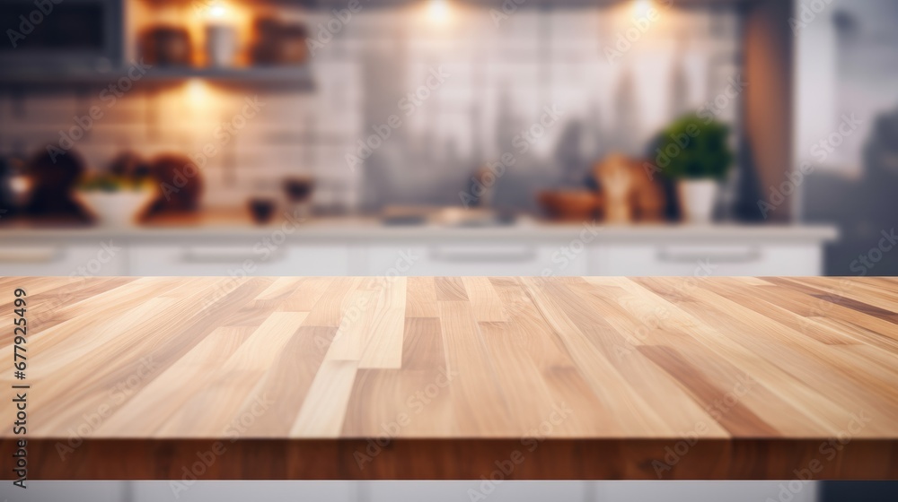 Wooden table or countertop in a modern kitchen, with a focused foreground and a blurred background, ideal for product placement or renderings, accentuating the setting's ambiance. Wooden table or countertop in a modern kitchen, with a focused foreground and a blurred background, ideal for product placement or renderings, accentuating the setting's ambiance.