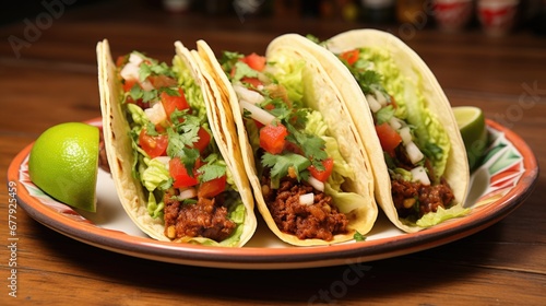 Three tacos on a plate with a lime on the side