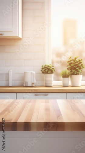 Wooden table or countertop in a modern kitchen, with a focused foreground and a blurred background, ideal for product placement or renderings, accentuating the setting's ambiance.