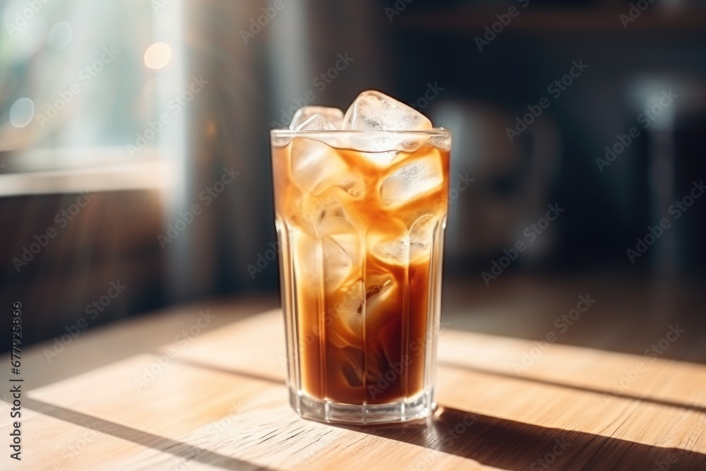 Sun-kissed iced coffee on wooden table Sun-kissed iced coffee on wooden table