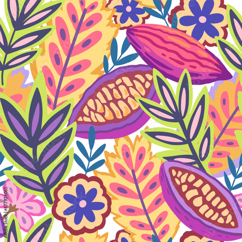 Colorful tropical seamless pattern. Abstract psychedelic motif with plant and floral elements. Joyful print for design. Vector illustration © Yuliya