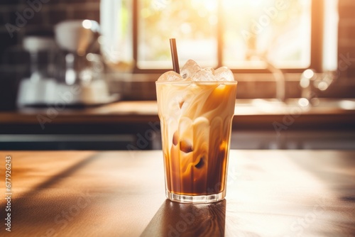 Sun-kissed iced coffee on wooden table photo