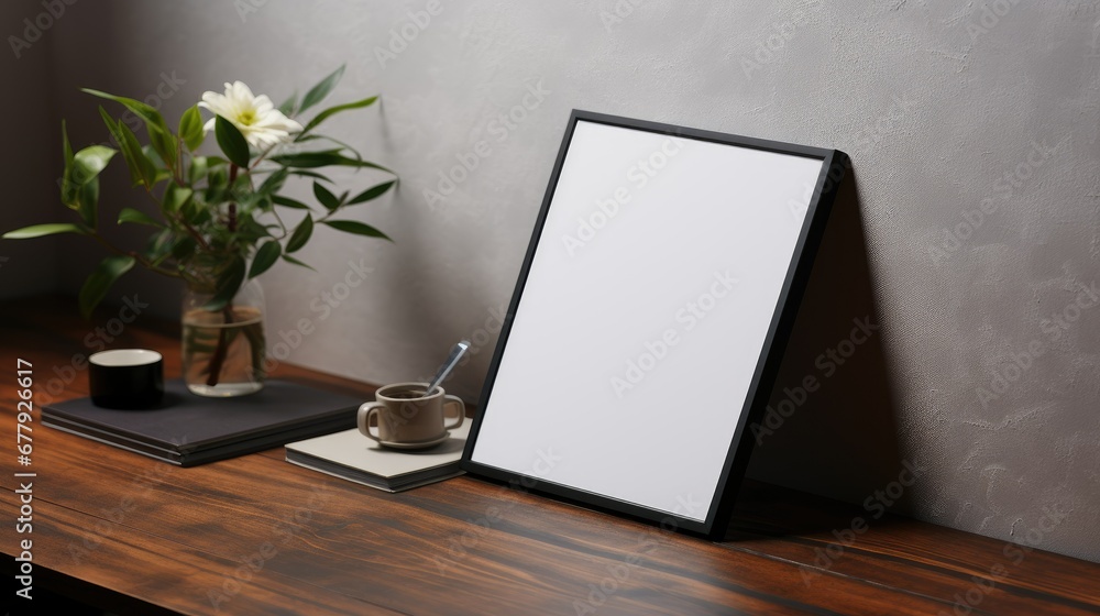Wooden table desk with a framed picture on the workspace. The blank frame is perfect for mock-ups, allowing for the placement of art or other images. Wooden table desk with a framed picture on the workspace. The blank frame is perfect for mock-ups, allowing for the placement of art or other images.