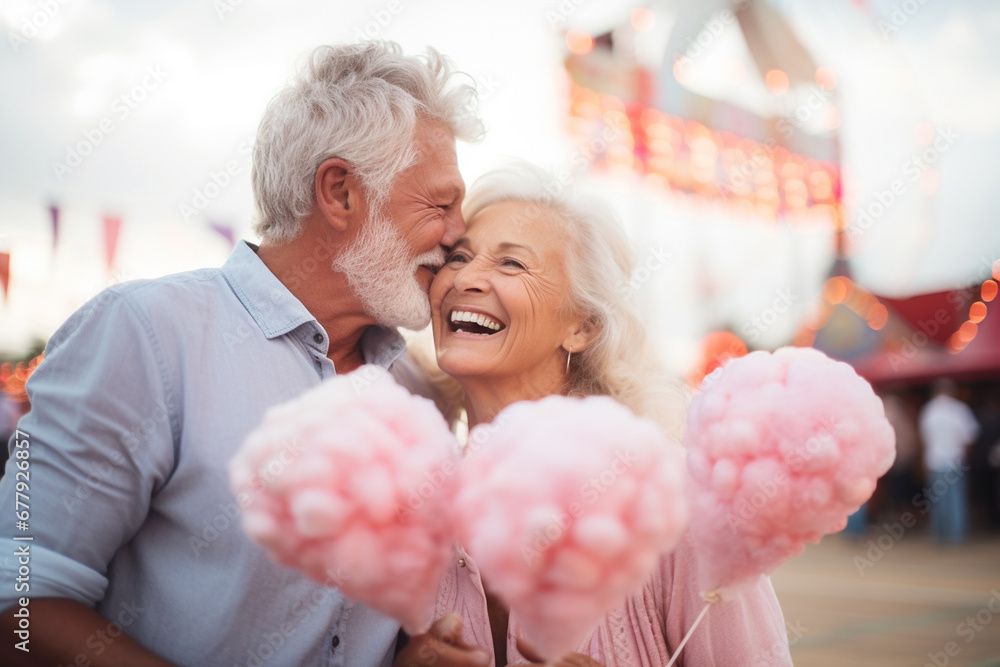 happy smiling senior couple at the amusement park - obrazy, fototapety, plakaty 