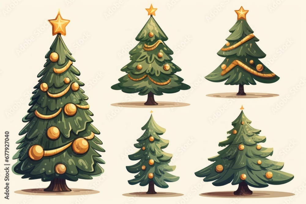 Set of illustrations of Christmas trees. Merry Christmas and Happy New Year concept. Background with copy space