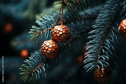 Decorations on the Christmas tree. Merry Christmas and Happy New Year concept. Background with copy space