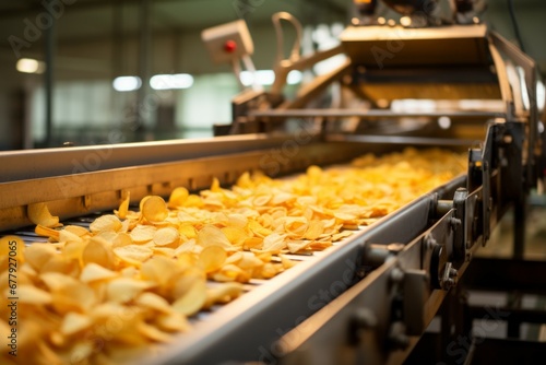 Chips factory. Production conveyor line. Background with selective focus and copy space