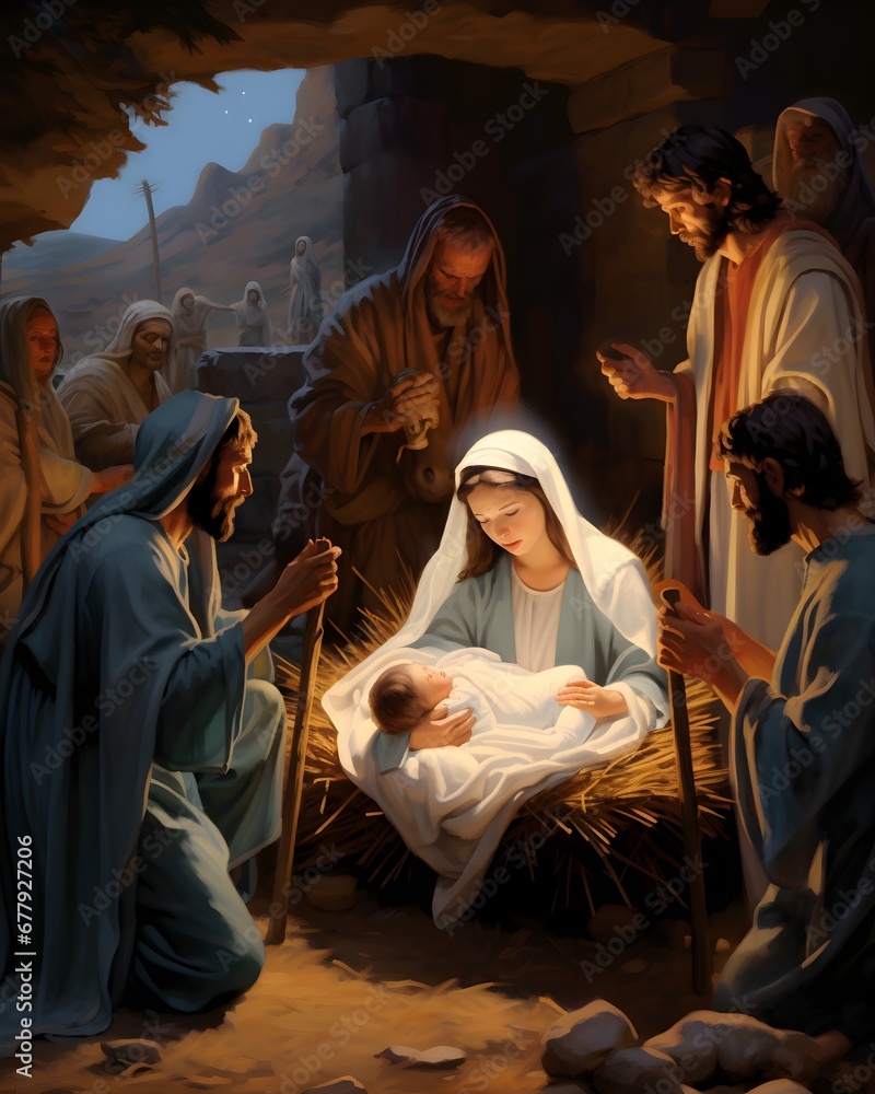 Scene of the birth of Jesus Christ, epiphany scene, Virgin Mary and Joseph. Christmas, miracle - obrazy, fototapety, plakaty 