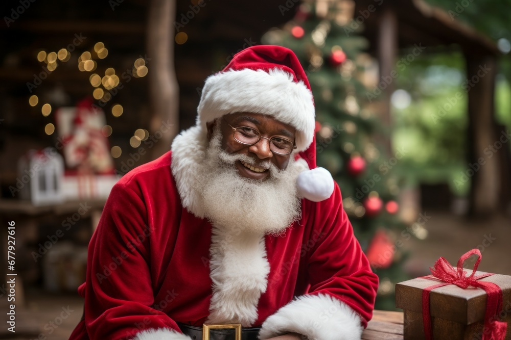 African American Santa Claus. Portrait with selective focus and copy space African American Santa Claus. Portrait with selective focus and copy space