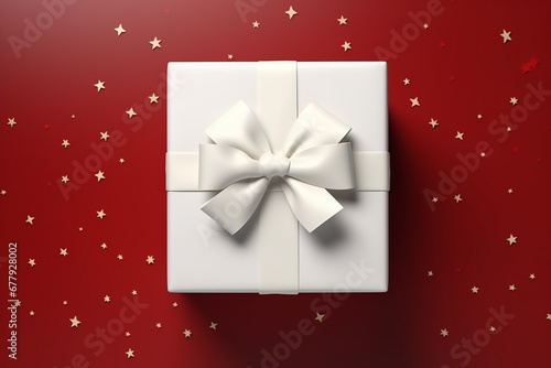 white gift box with bow on red background