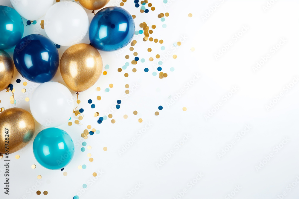 background with blue golden balloons and confetti on copy space background background with blue golden balloons and confetti on copy space background