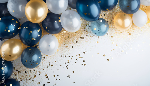 background with blue golden balloons and confetti on copy space background
