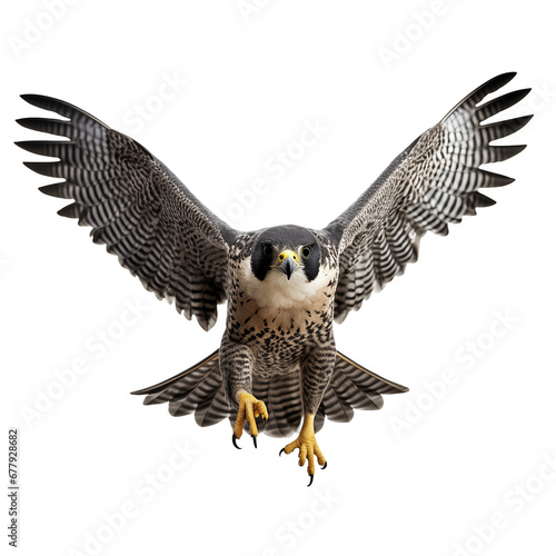 Peregrine Falcon wings spread apart flying, Hayabusa attacking isolated on transparent background. 