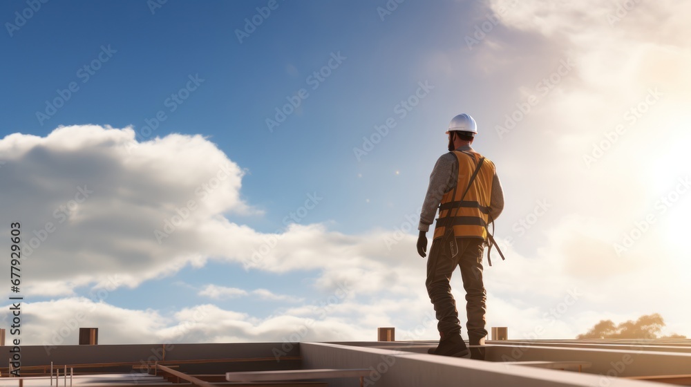 Confident Head Civil Engineer-Architect in is Standing Outside with His Back to Camera in a Construction Site on a Bright Day. Man is Wearing a Hard Hat, Shirt and a Safety Vest. Confident Head Civil Engineer-Architect in is Standing Outside with His Back to Camera in a Construction Site on a Bright Day. Man is Wearing a Hard Hat, Shirt and a Safety Vest.