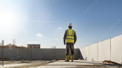 Confident Head Civil Engineer-Architect in is Standing Outside with His Back to Camera in a Construction Site on a Bright Day. Man is Wearing a Hard Hat, Shirt and a Safety Vest.