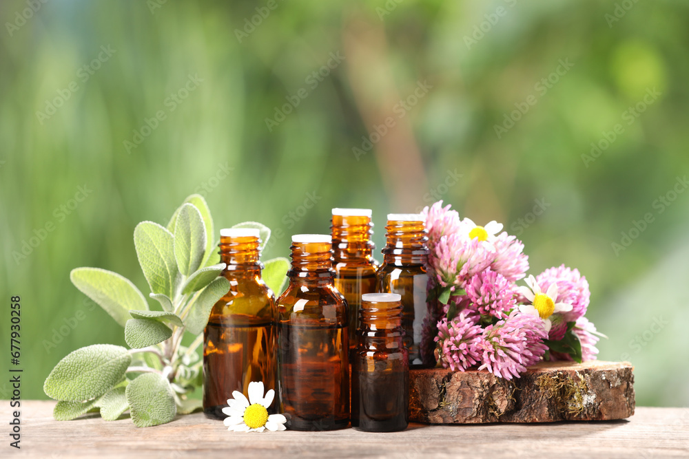Bottles with essential oils, herb and flowers on wooden table against blurred green background. Space for text Bottles with essential oils, herb and flowers on wooden table against blurred green background. Space for text