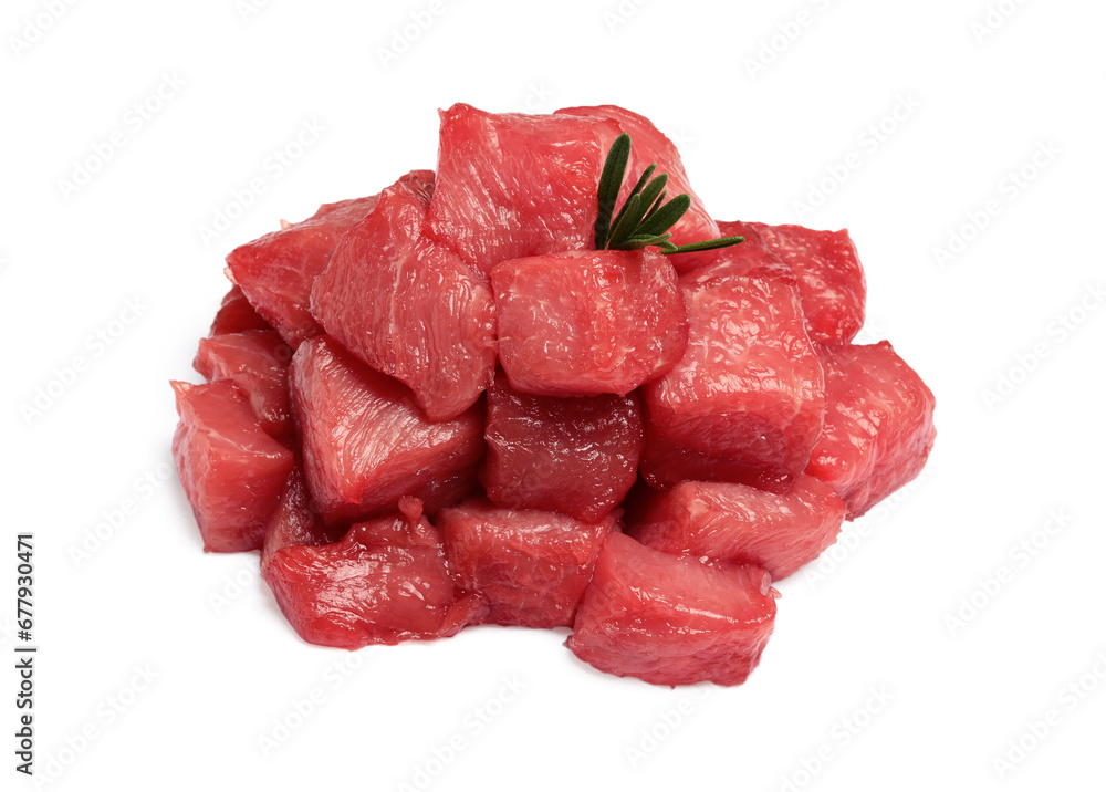 Pieces of raw beef and rosemary isolated on white Pieces of raw beef and rosemary isolated on white