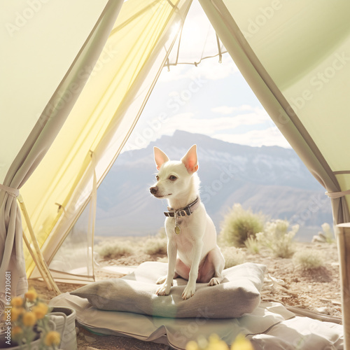 Dog sitting on pillow and blanket inside tent overlooking beautiful mountains scenery. Created with Generative AI technology