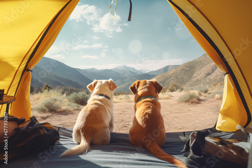 Dogs sitting inside a tent overlooking beautiful mountains scenery. Created with Generative AI technology