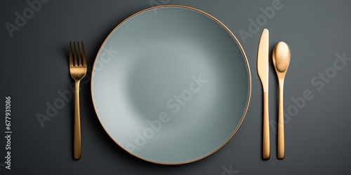 white porcelain dinner dishes and fork on a gray background, in the style of dark gold and dark beige, generative AI