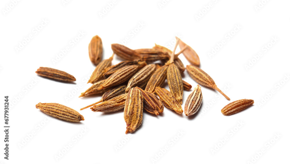 Heap of aromatic caraway (Persian cumin) seeds isolated on white Heap of aromatic caraway (Persian cumin) seeds isolated on white