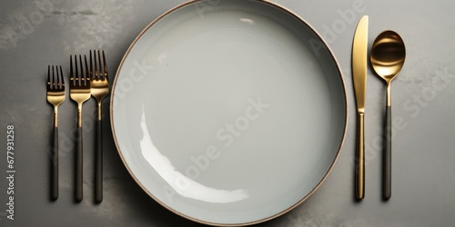 white porcelain dinner dishes and fork on a gray background, in the style of dark gold and dark beige, generative AI photo