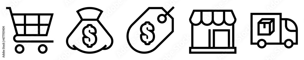 Conjunto de iconos de comercio. Negocio, ventas. carrito de compras, bolsa de dinero, etiqueta de precio, tienda, camión de entrega. Ilustración vectorial