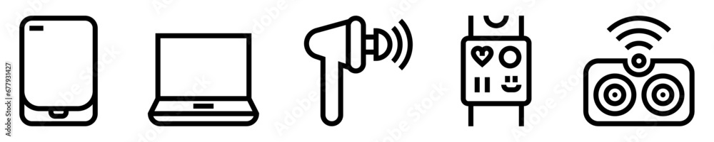 Conjunto de iconos de dispositivos inteligentes. Tecnología. Teléfono móvil, laptop, auriculares inalámbricos, reloj inteligente, altavoces de conexión. Ilustración vectorial Conjunto de iconos de dispositivos inteligentes. Tecnología. Teléfono móvil, laptop, auriculares inalámbricos, reloj inteligente, altavoces de conexión. Ilustración vectorial