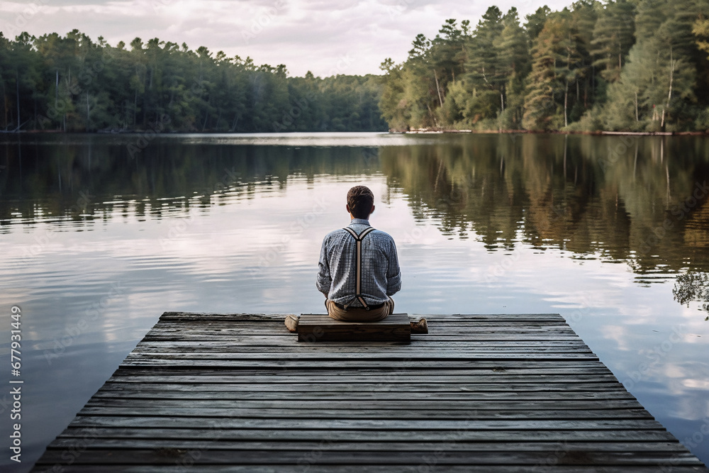 Man sitting on a dock looking out over the lake surrounded by woods. Created with Generative AI technology
