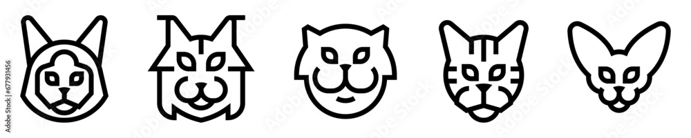 Conjunto de iconos de razas de gatos. Animales domésticos, mascota. Siamés, maine coon, persa, bengalí, sphynx. Ilustración vectorial