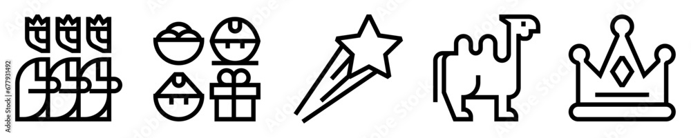 Conjunto de iconos de reyes magos. Epifanía. Regalos, Estrella fugaz, camello, corona real. Ilustración vectorial Conjunto de iconos de reyes magos. Epifanía. Regalos, Estrella fugaz, camello, corona real. Ilustración vectorial