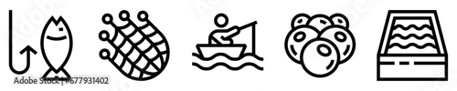 Conjunto de iconos de acuicultura. Piscicultura. Pescar, red de pesca, persona pescando, huevos, estanque. Ilustración vectorial photo
