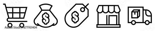 Conjunto de iconos de comercio. Negocio, ventas. carrito de compras, bolsa de dinero, etiqueta de precio, tienda, camión de entrega. Ilustración vectorial