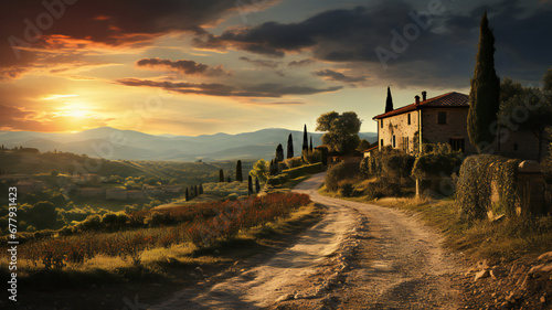 Sunset in region country. Beautiful landscape of Tuscany in spring, summer. Travel, vacation concept. Green hills with river and pine trees. 