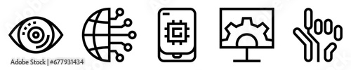 Conjunto de iconos de tecnología. Visión tecnológica, conexión de red, chip de circuito, monitor con engranaje, mano cibernética. Ilustración vectorial