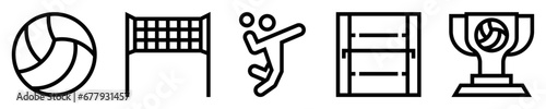 Conjunto de iconos de voleibol. Deporte. Balón, red de campo de juego, jugador, cancha, trofeo de campeonato. Ilustración vectorial