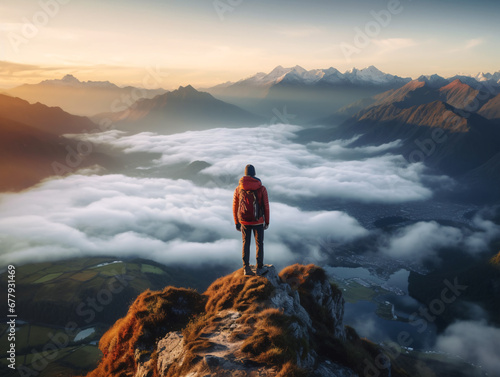 Man standing on top of a mountain, admiring at the beautiful landscape. Created with Generative AI technology