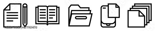 Conjunto de iconos de documentación. Archivos y registro. Papel y lápiz, libro abierto, carpeta, documento digital, pila de papeles. Ilustración vectorial
