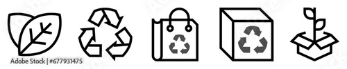 Conjunto de iconos de embalaje ecológico. Ecología, reciclar, reutilizar. Hoja verde, bolsa reutilizable, flechas de reciclaje, árbol en caja. Ilustración vectorial