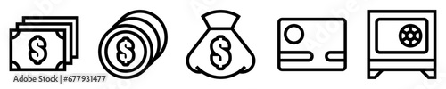 Conjunto de iconos de dinero. Finanzas. Pila de billetes, monedas, bolsa de dinero, tarjeta de crédito, caja fuerte. Ilustración vectorial