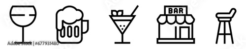 Conjunto de iconos de bar. Bebidas alcohólicas. Copa de vino, cerveza, cóctel, tienda de bar, taburete. Ilustración vectorial photo