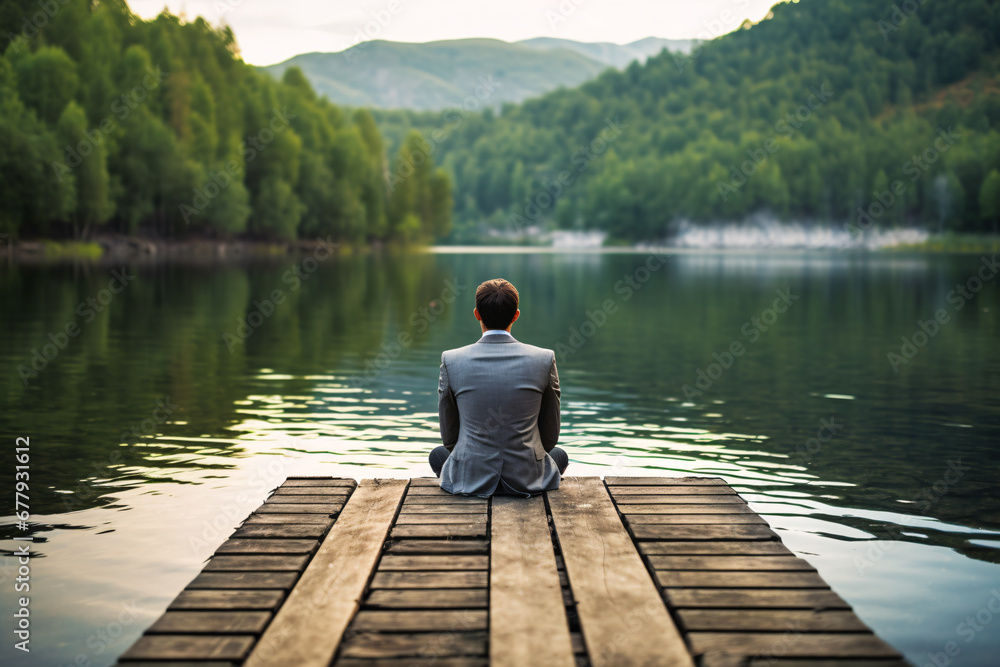 Man in suit sitting on a dock gazing at the calm water of a serene lake. Created with Generative AI technology