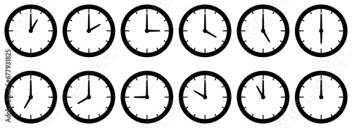 Wall clock icon set. Collection Clocks showing the time by the hour. 