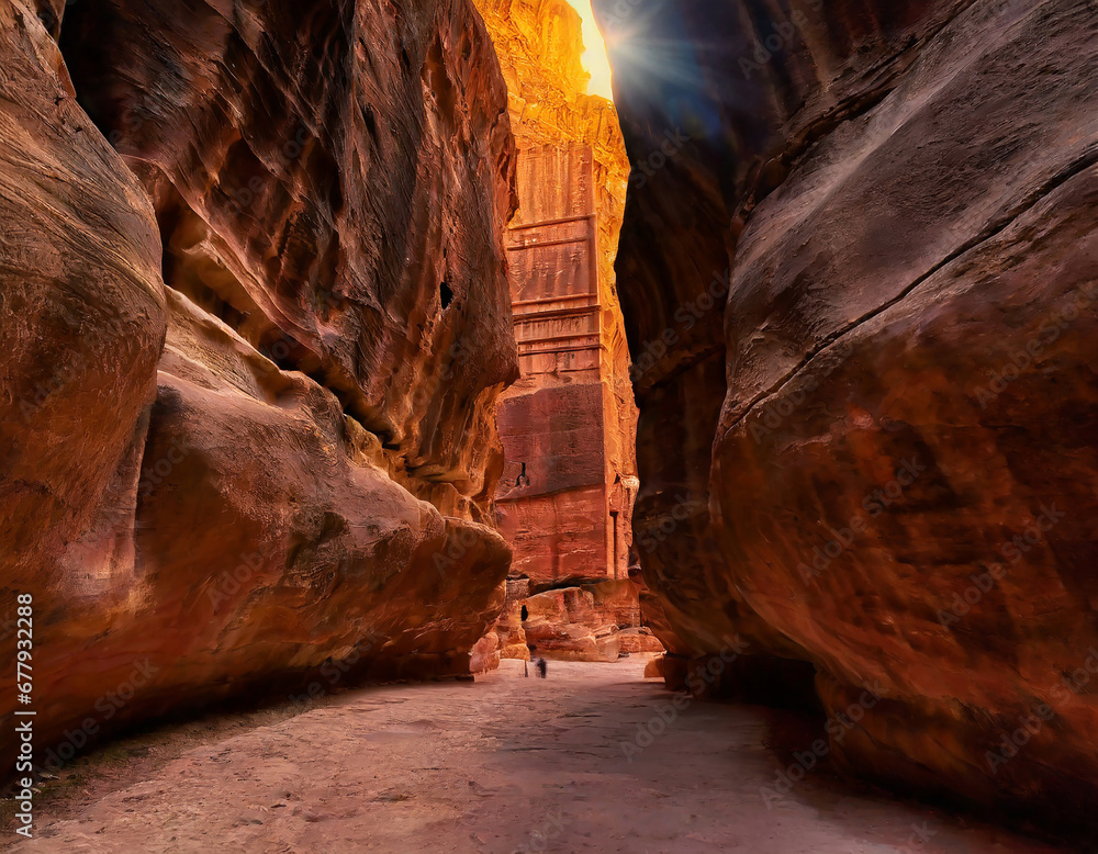 A rocky canyon at sunset in Petra, Jordan, with the fading light casting a warm and dramatic glow on the ancient rose-red city, creating a mesmerizing scene.